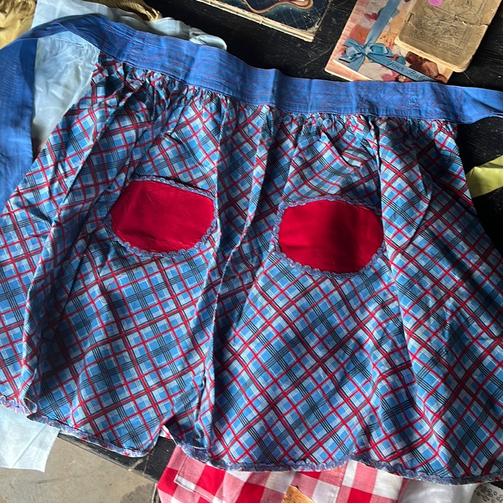 Vintage Blue Plaid Apron with Red Pockets